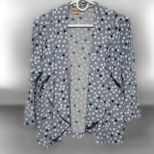 Ellen Tracy Top women's size medium Blue White Open Drape Front Polka Dot Circle